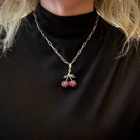 Gold Tone Cherry Pendant Necklace Rhinestone Fruit Charm - Picture 4 of 4